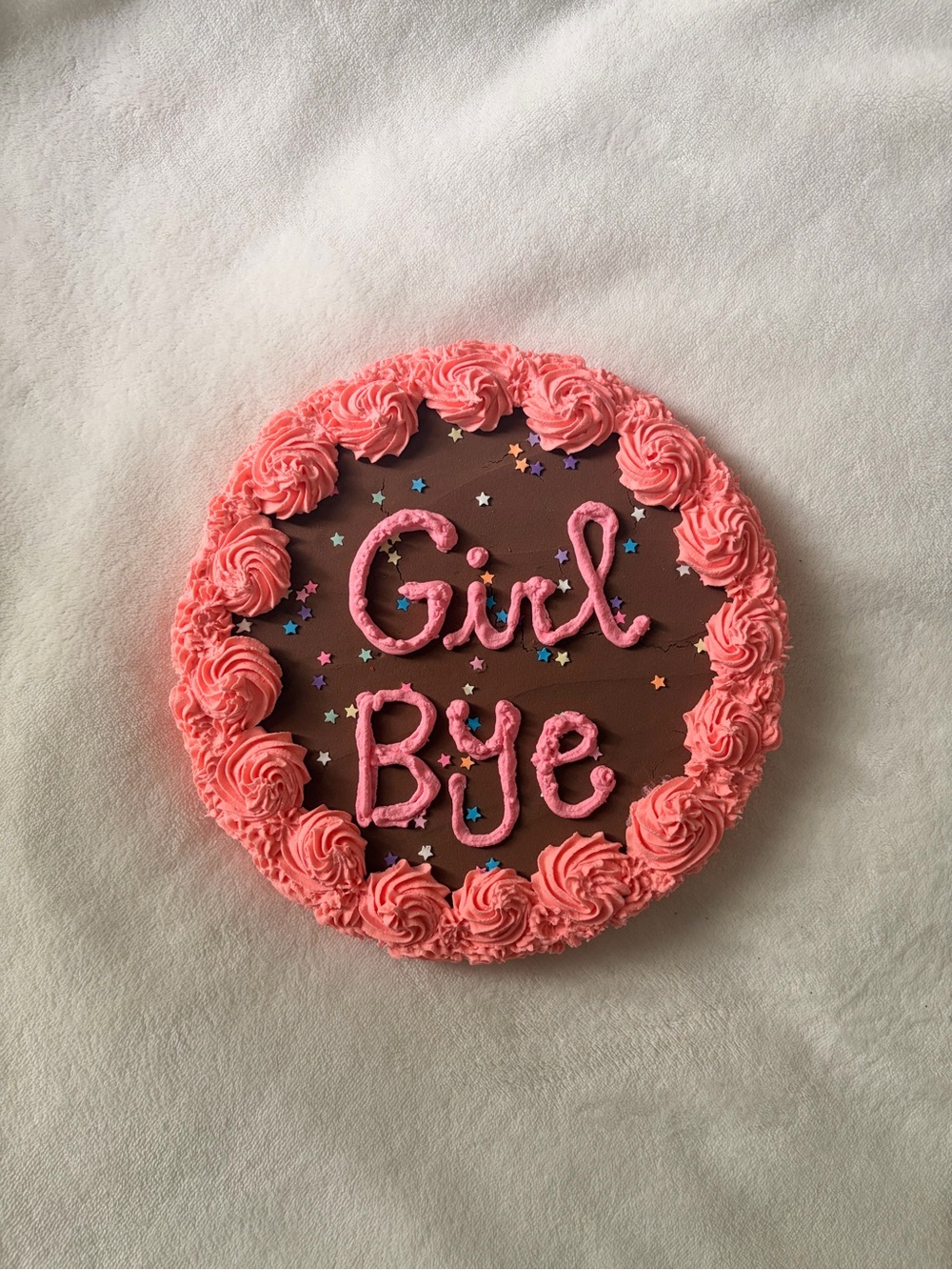 Round Chocolate Cake Decor with Pink Frosting - "Girl Bye"